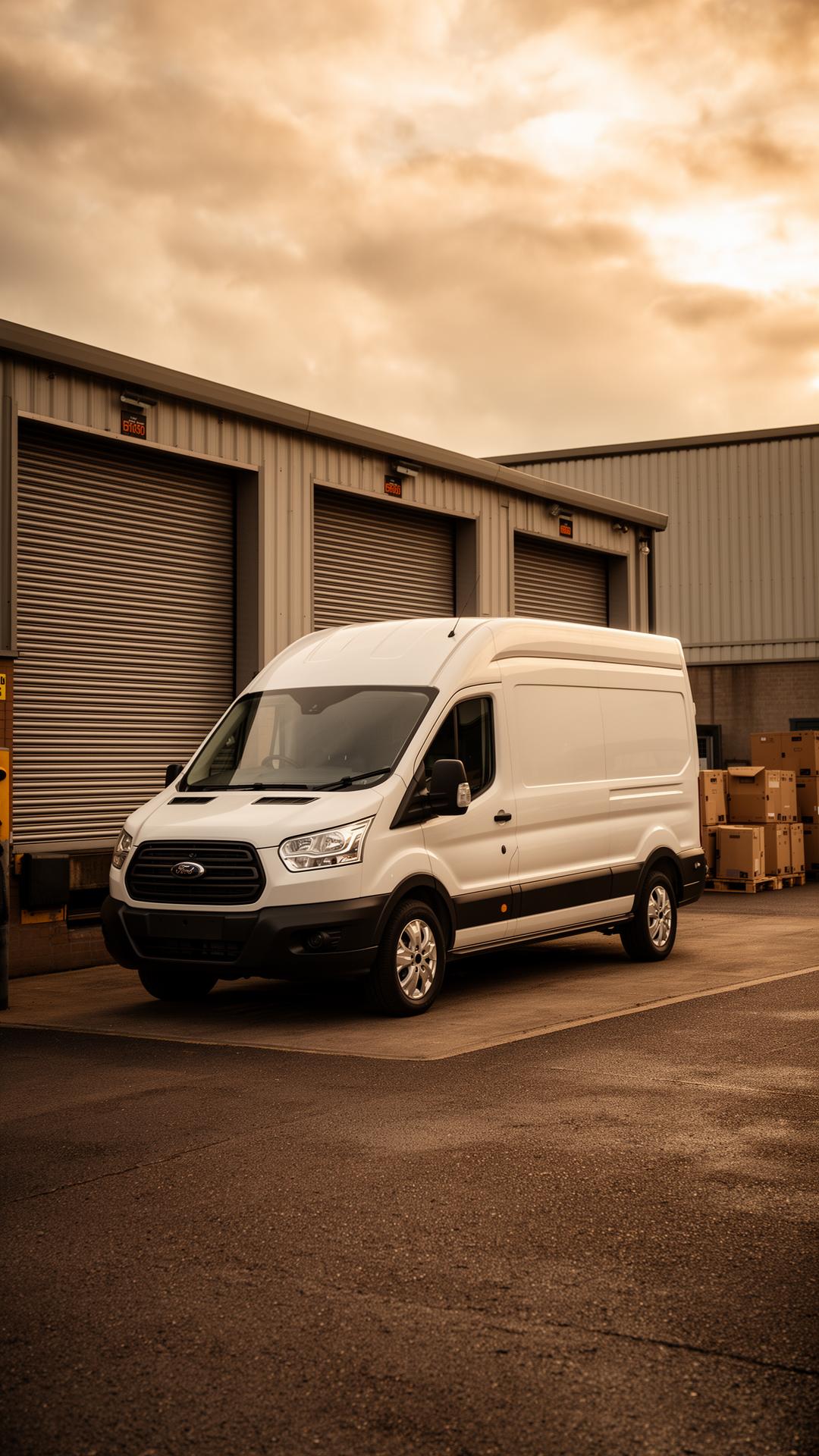 UK commercial van at depot loading bay, ready for import to Cyprus